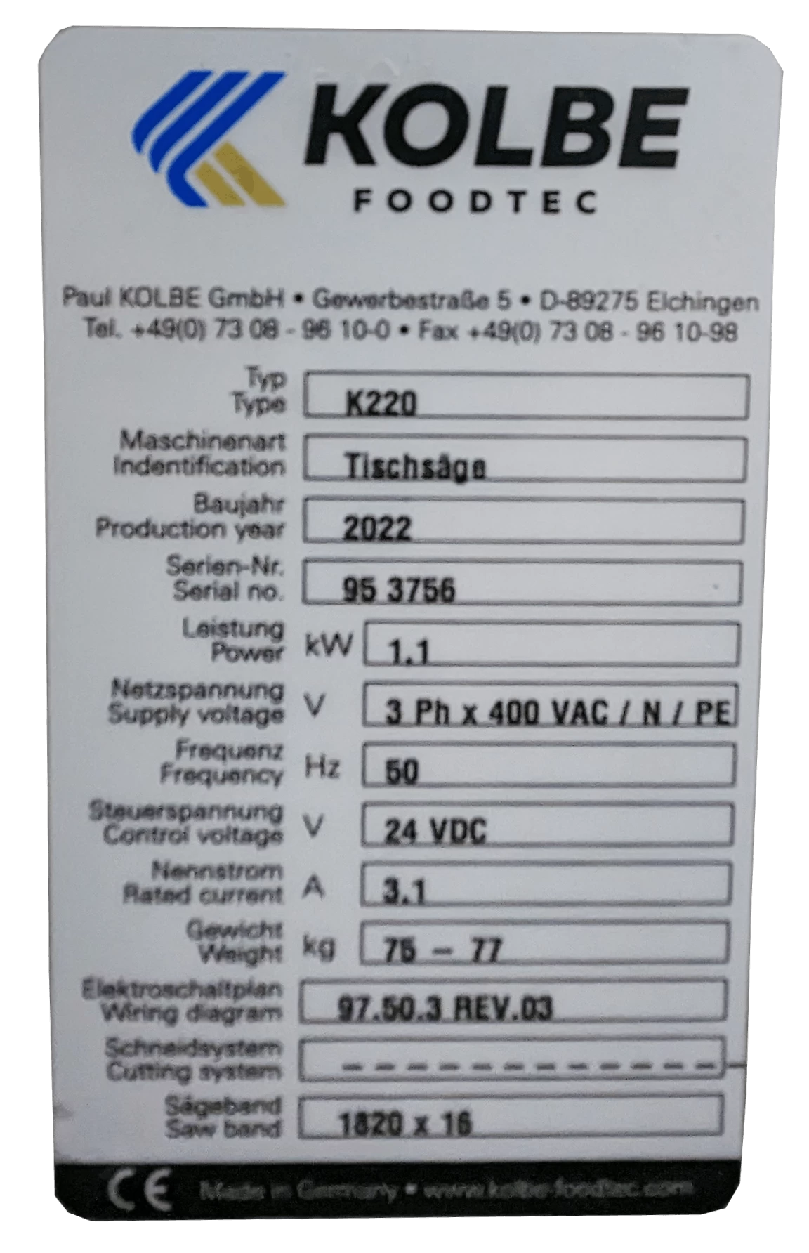 Knochenbandsäge Kolbe K220 Bandsäge Tischmodell Fleischsäge 400V Linksauslage – Bild 5